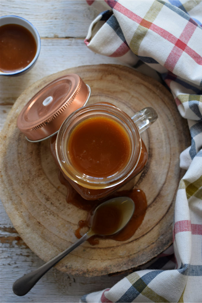 Overhead view of how to make caramel sauce