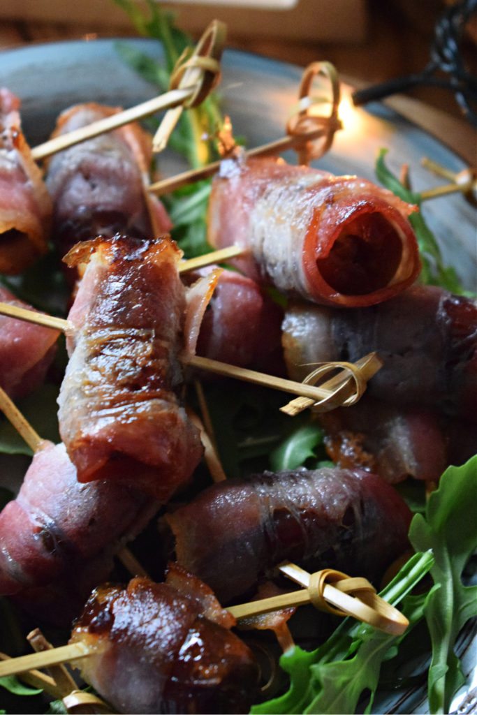 close up of the bacon wrapped dates