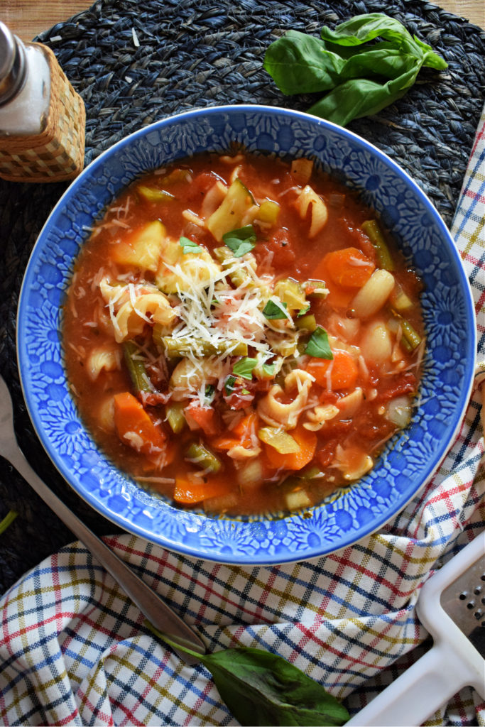 over head view of the slow cooker minestrone soup