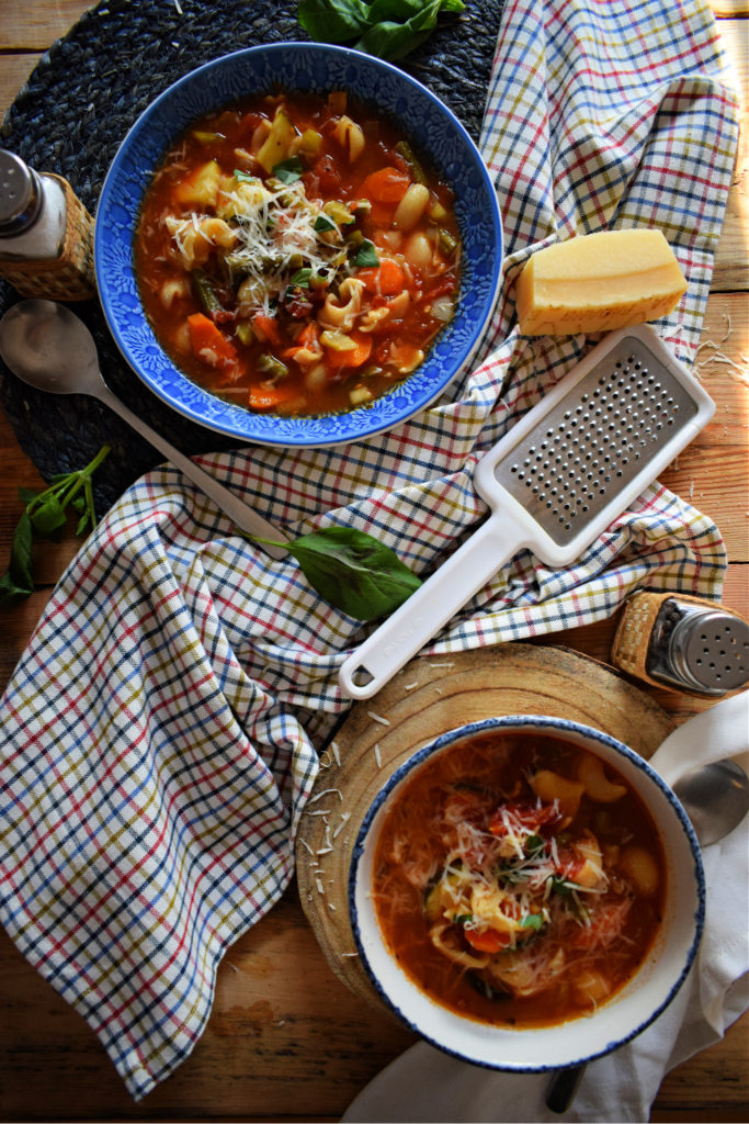 over head table view of the slow cooker minestrone soup