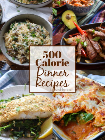 Photo collage of 500 calorie dinner recipes.