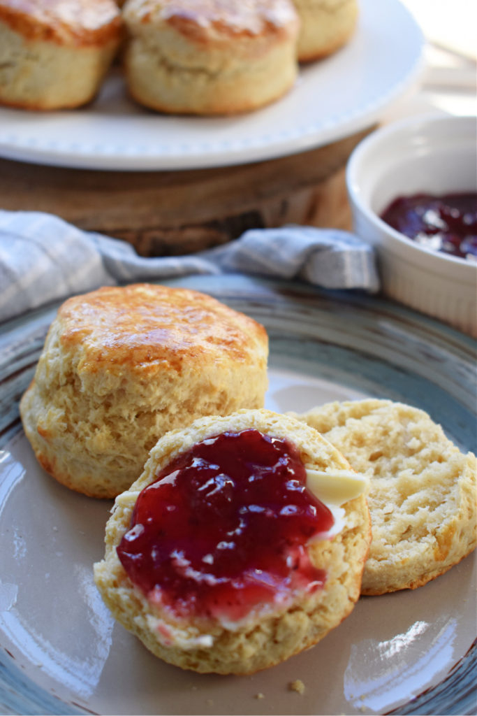 close up of scones with jam