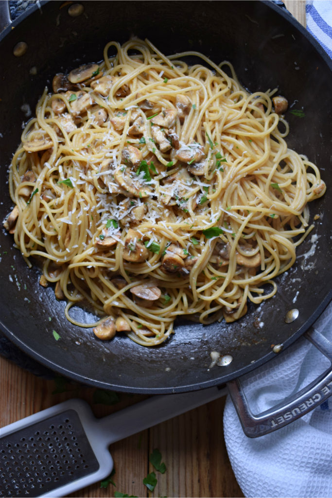 Easy Garlic Mushroom Spaghetti in a skillet