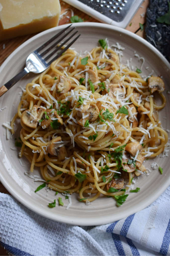 Easy Garlic Mushroom Spaghetti on a plate