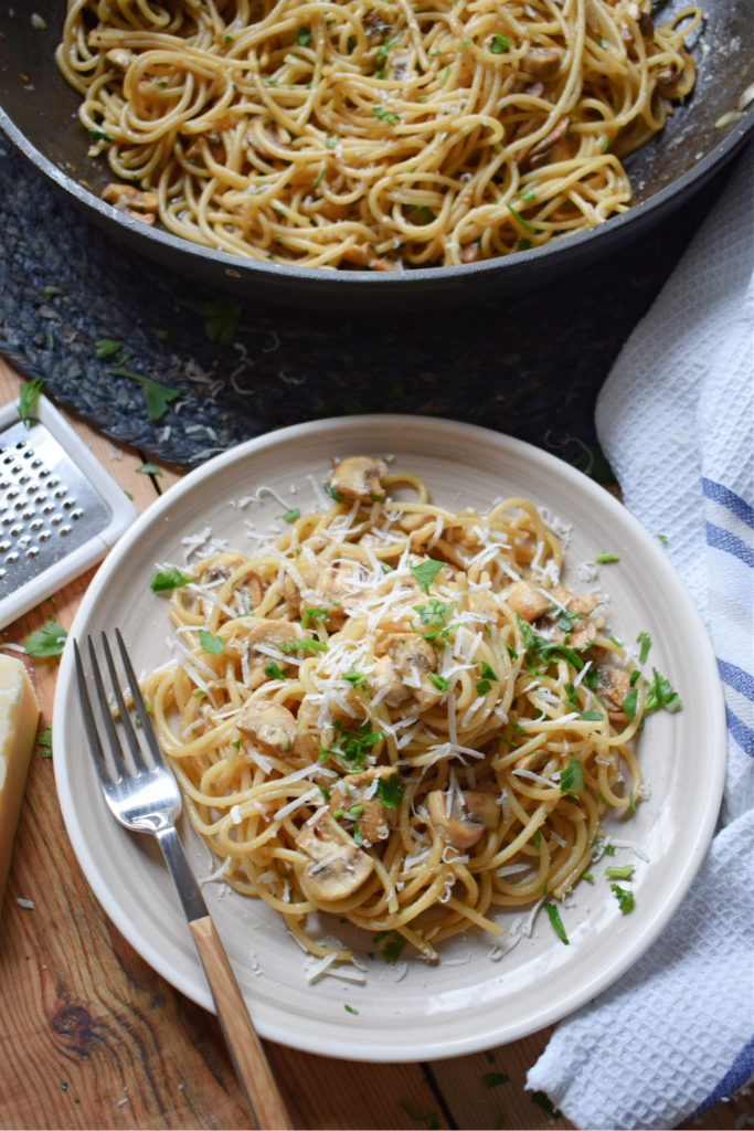 Easy Garlic Mushroom Spaghetti on a plate