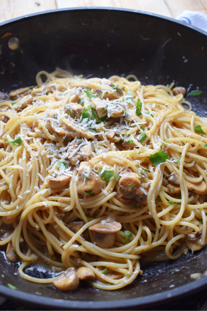 Garlic Mushroom Spaghetti in a skillet