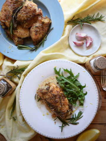 table setting of slow cooker lemon and rosemary chicken