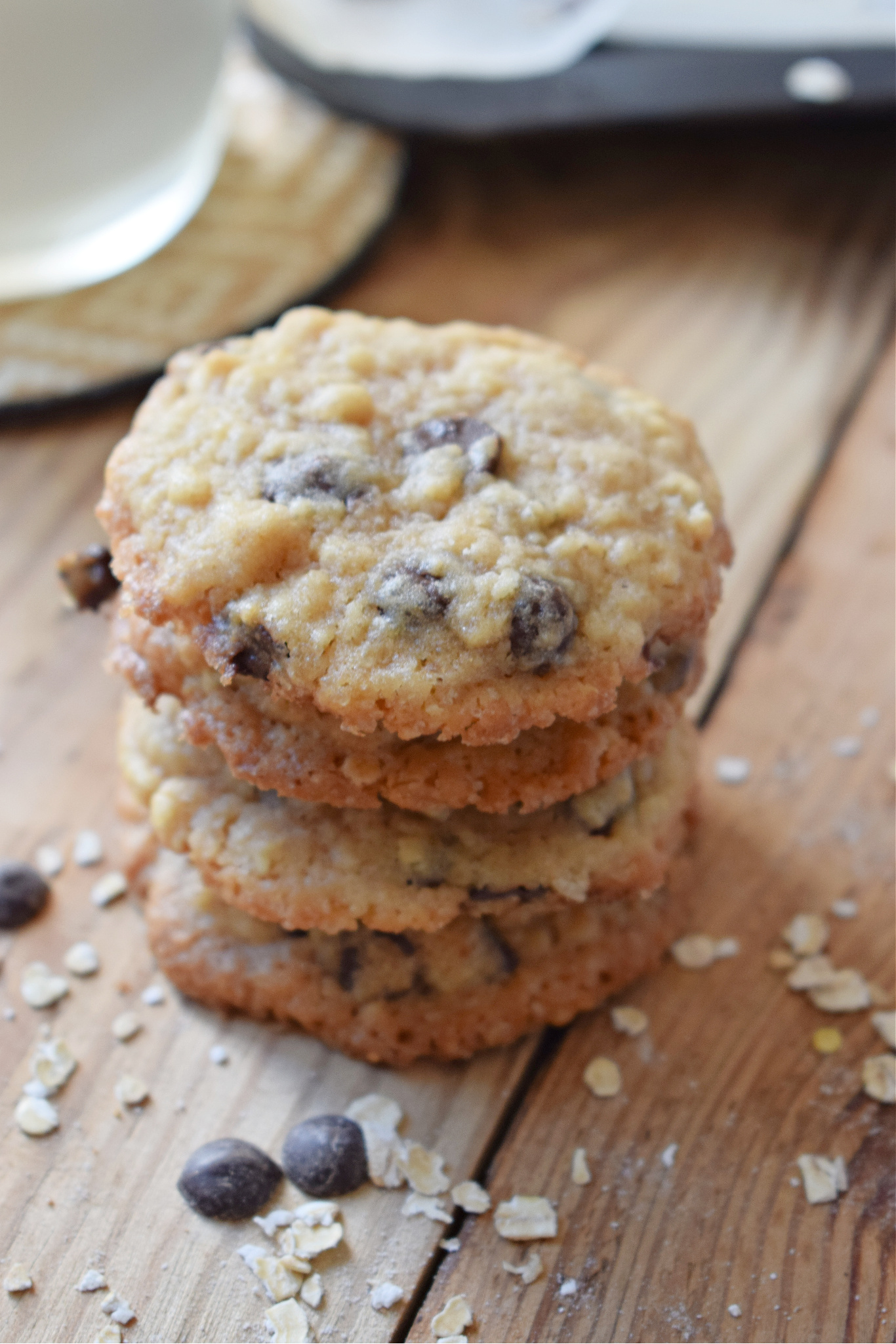 a stack of chocolate chip oatmeal cookies