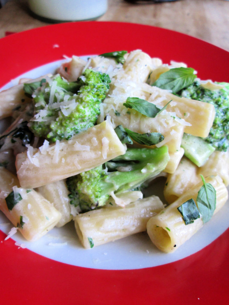 Creamy Broccoli & Penne Pasta in a red bowl