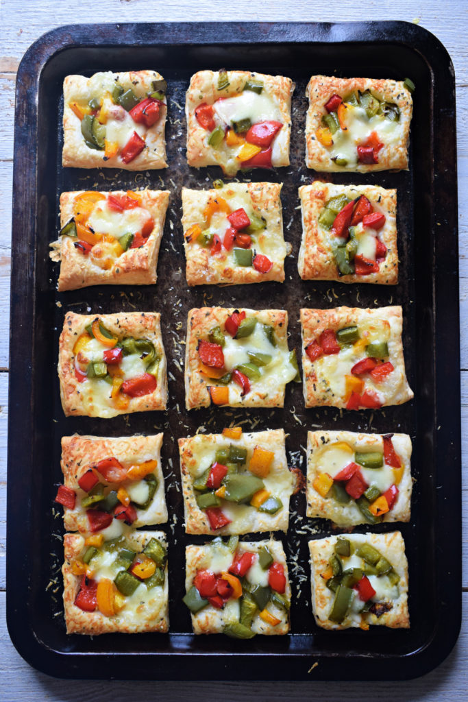 Roasted Bell Pepper Puff Pastry Bites on a baking tray