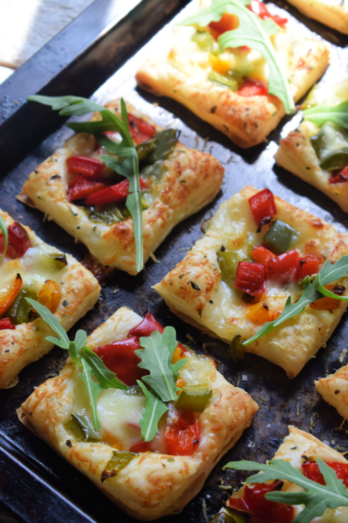 Roasted Bell Pepper Puff Pastry Bites on a baking tray