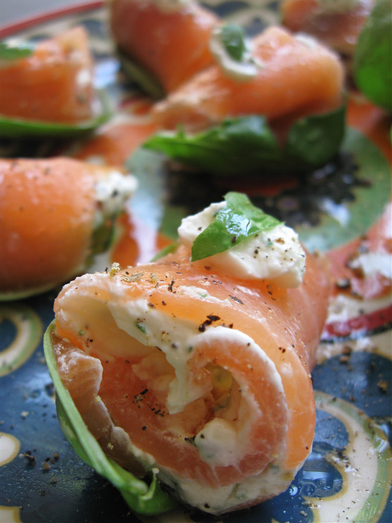 close up of the smoked salmon and basil rolls