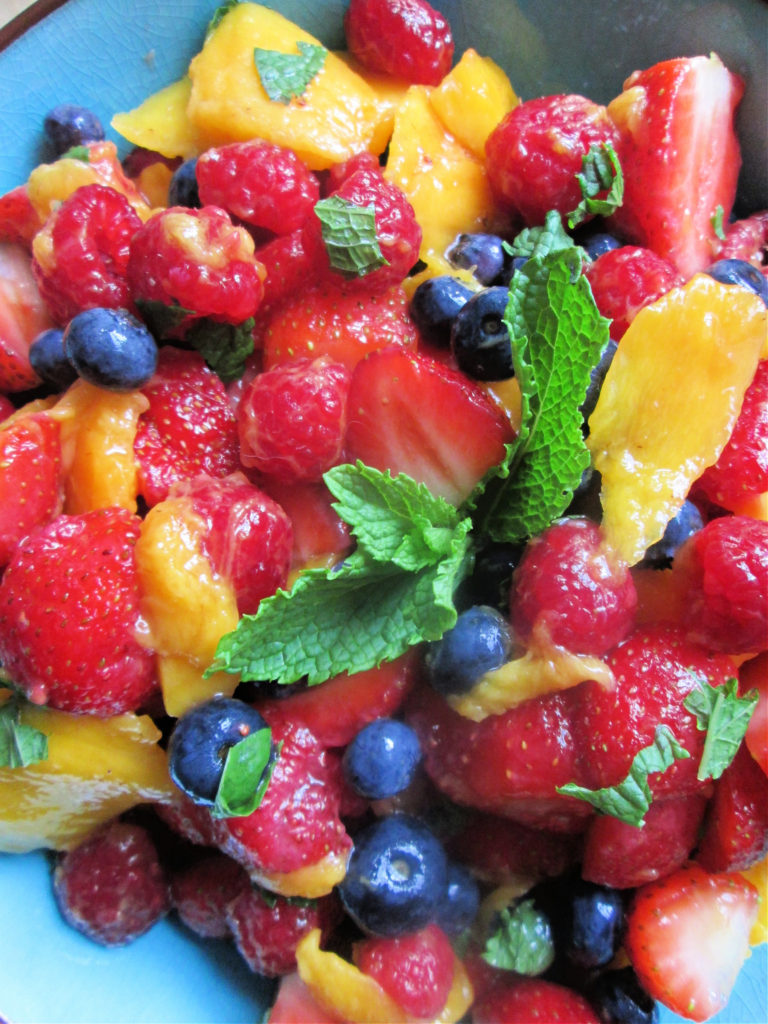 close up of the triple berry and mango fruit salad