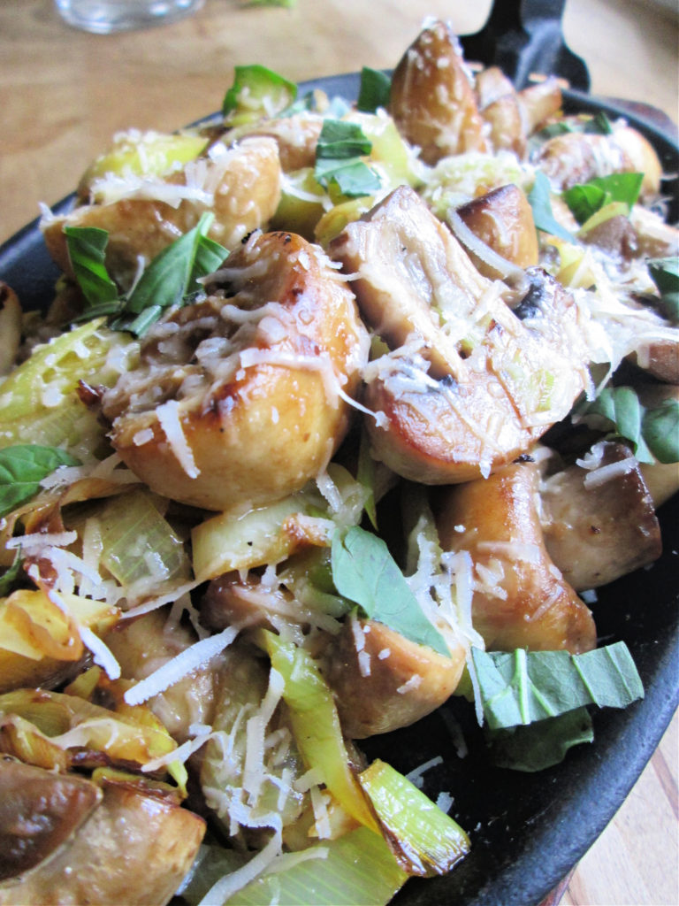 close up of the parmesan topped mushroom and leek stir fry