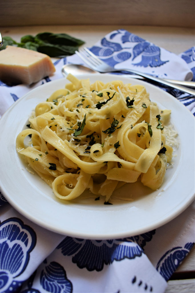 5 ingredient tagliatelle on a white plate