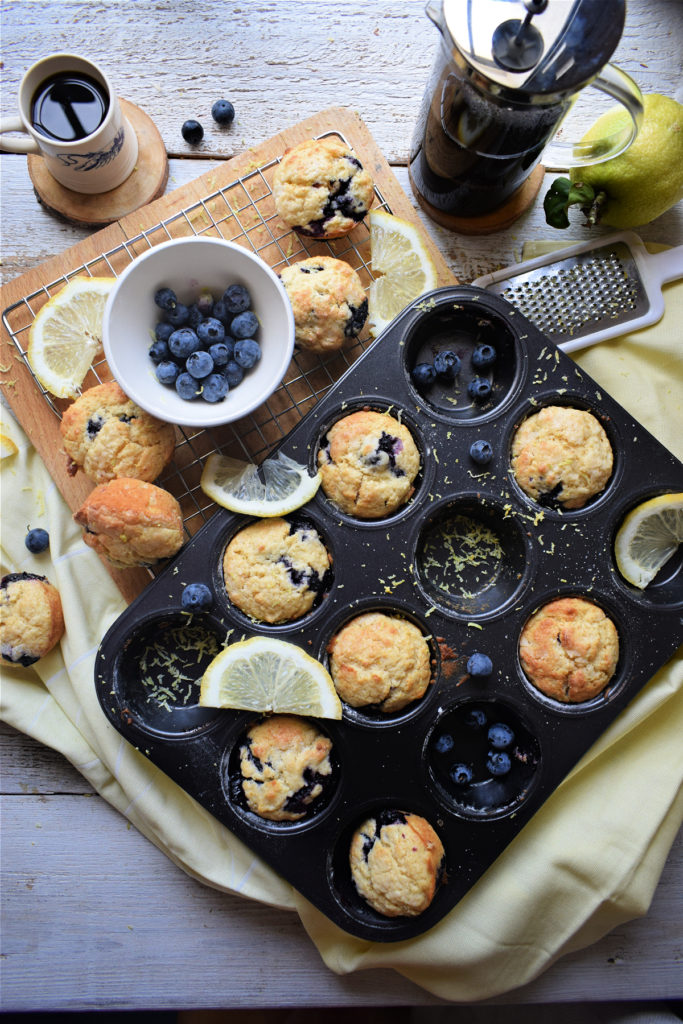 over head table setting view of the blueberry lemon muffins