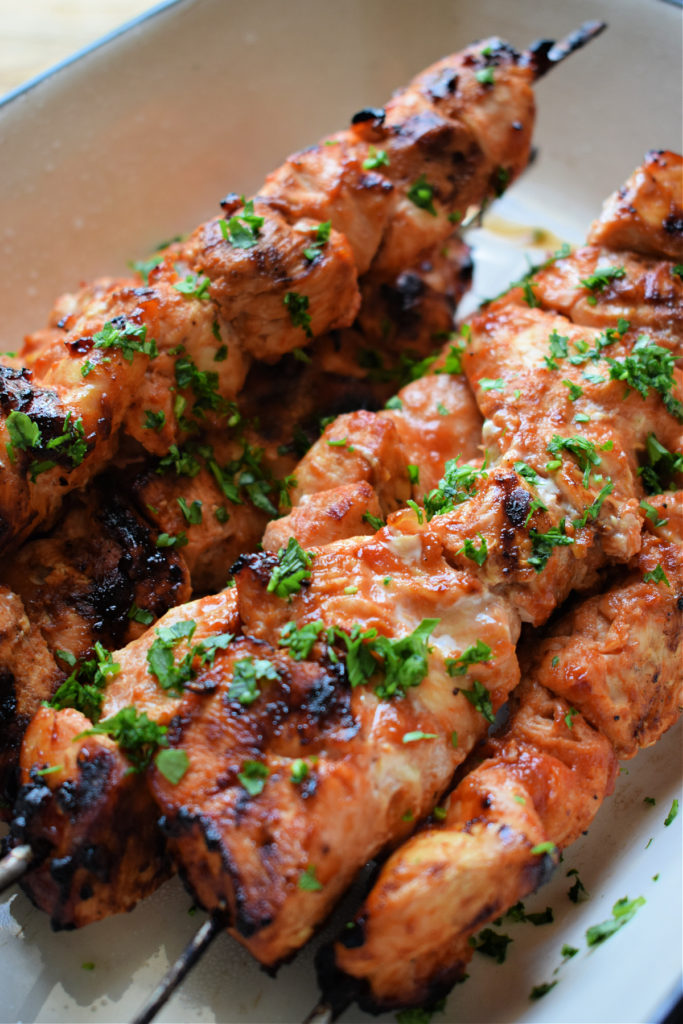 close up of the fresh cooked barbecue chicken skewers