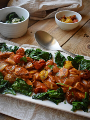 close up of the Hot Paprika Chicken with Sauteed Spinach