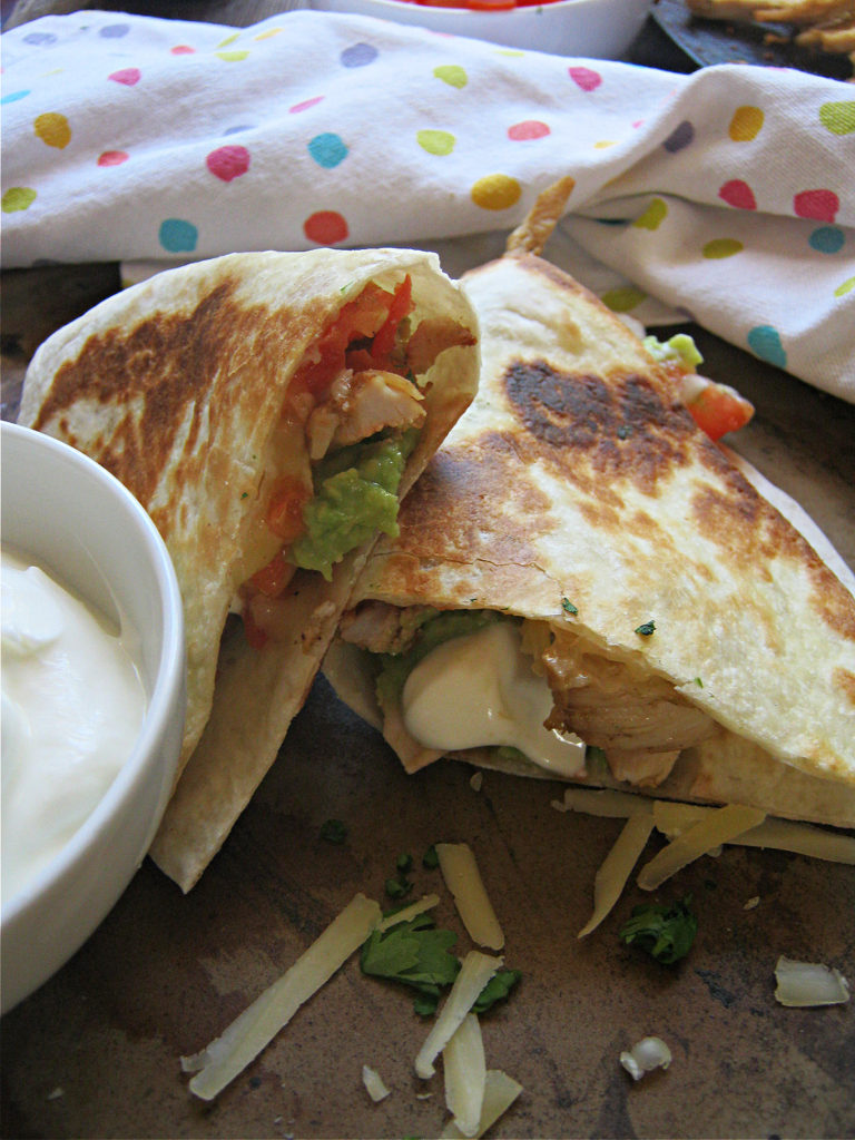 closeup of the loaded chicken quesadillas