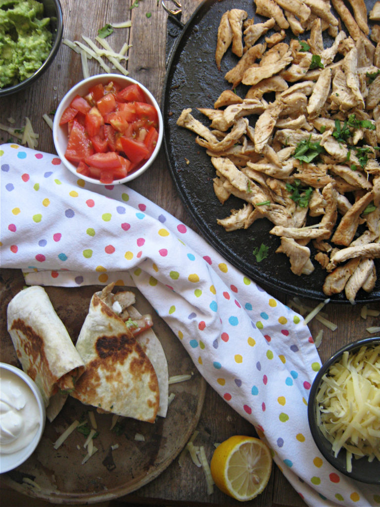 table setting view of the loaded chicken quesadillas