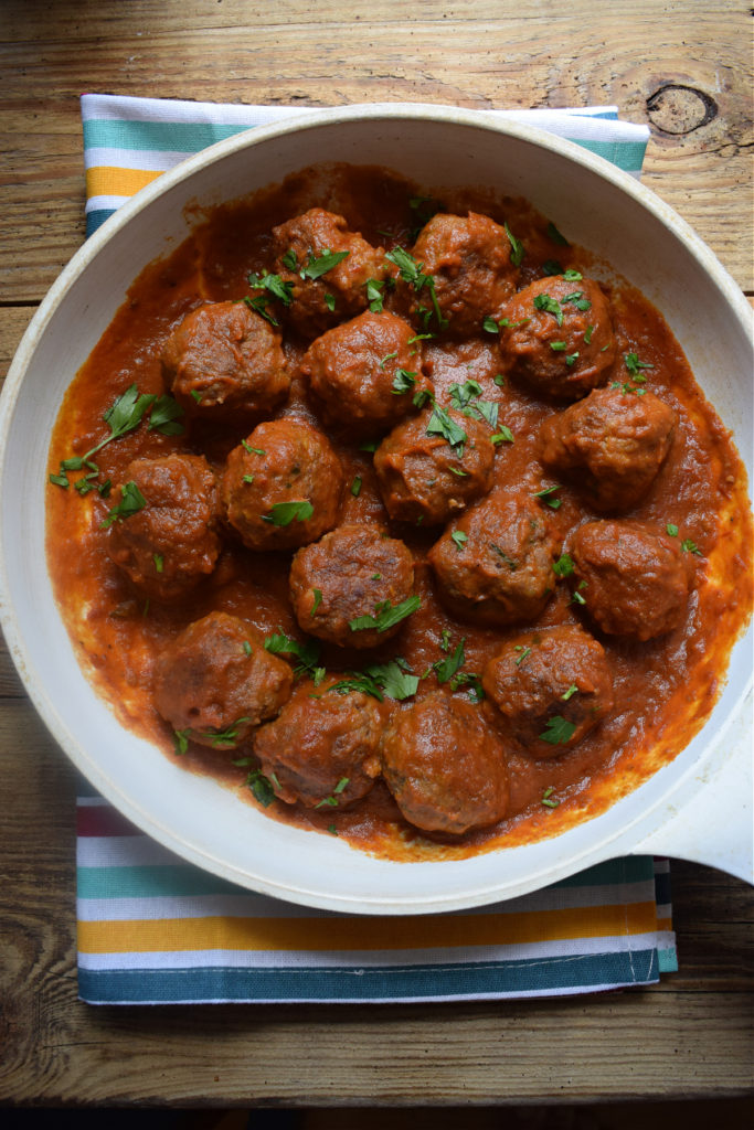 over head view of the meatballs in tomato sauce