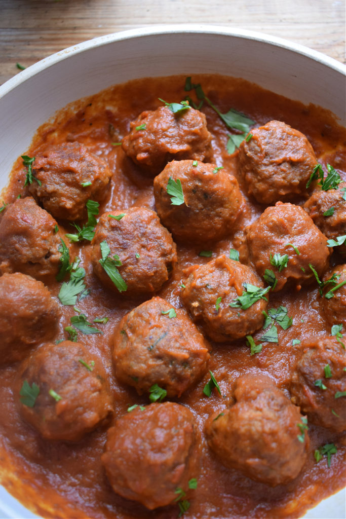 close up of the meatballs in tomato sauce
