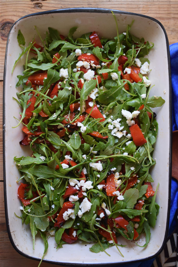 Roasted red pepper salad in a serving dish