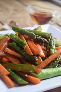 close up of the sherry sauteed asparagus and carrots