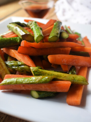 close up of the sherry sauteed asparagus and carrots