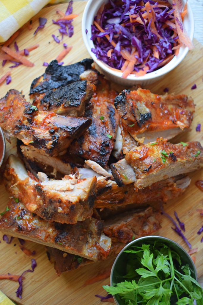 slow cooker barbecue ribs with a small salad