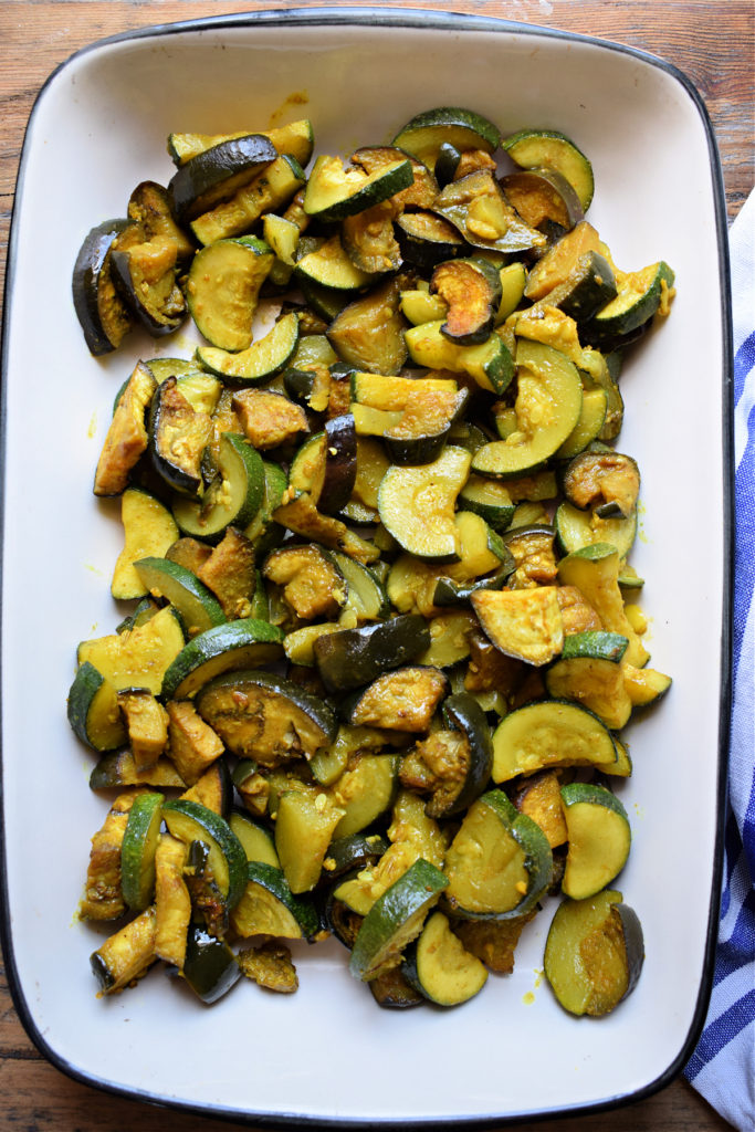 over head view of spiced zucchini and eggplant 