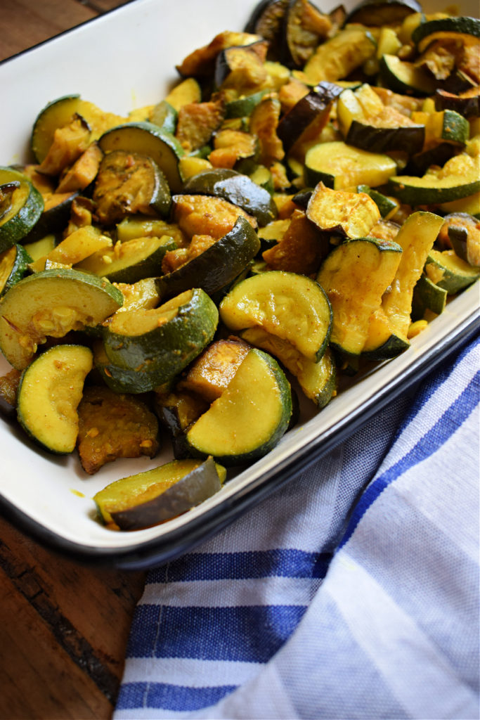 close up of the spiced zucchini and eggplant
