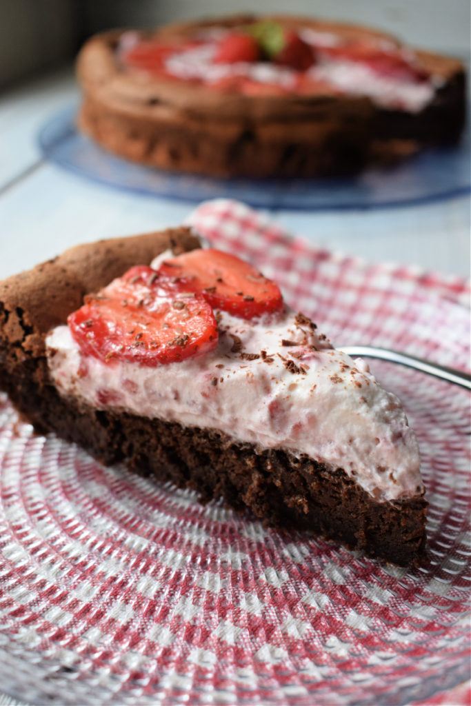 a slice of the strawberry filled chocolate torte