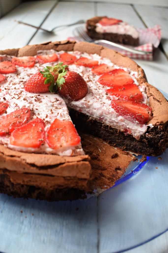 close up of the strawberry filled chocolate torte