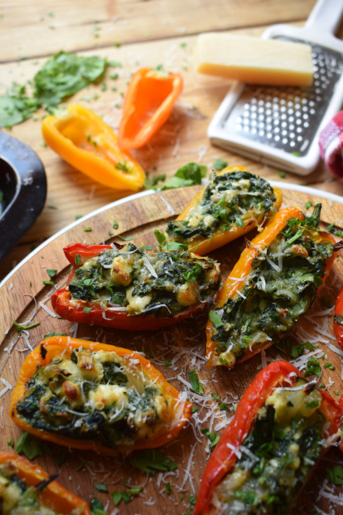 close up view of the stuffed feta and spinach peppers