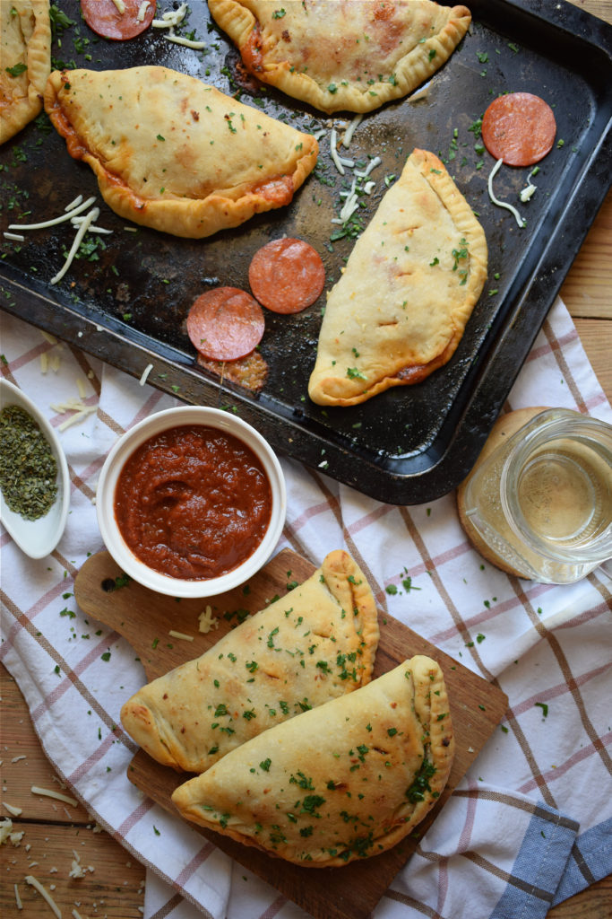 overhead view of the homemade pepperoni calzones