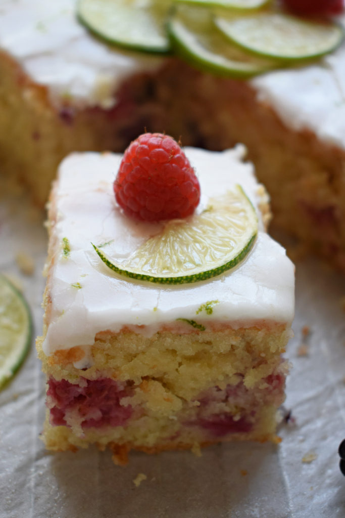 close up of the lime drizzle summer berry cake