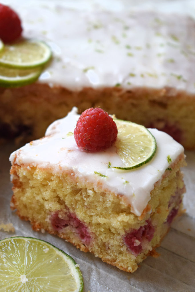 close up of the lime drizzle summer berry cake