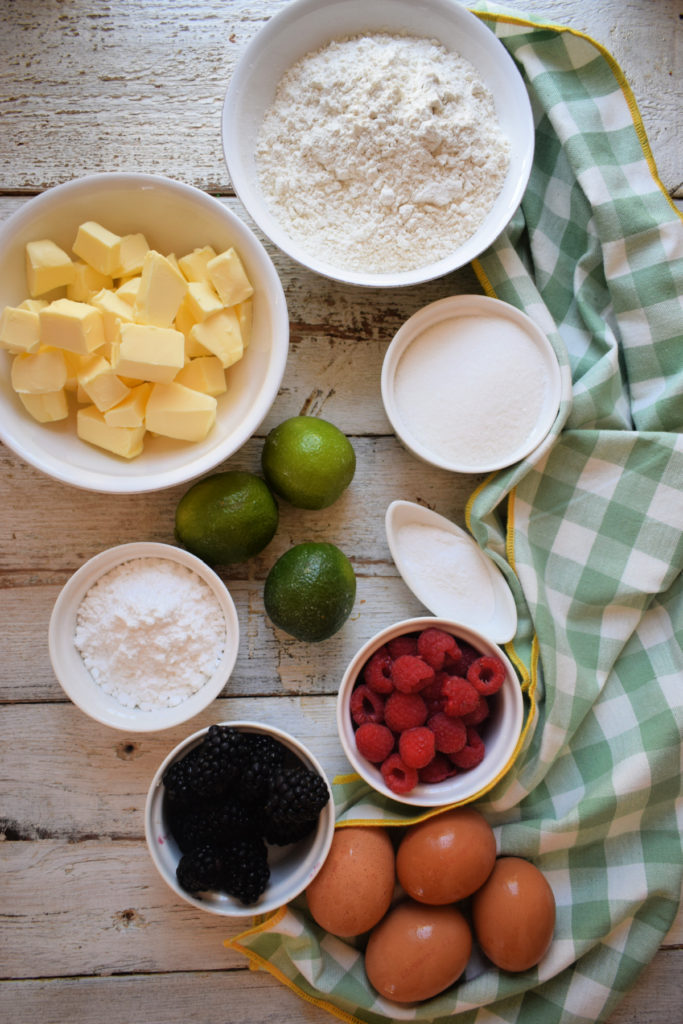 ingredients to make the lime drizzle summer berry cake