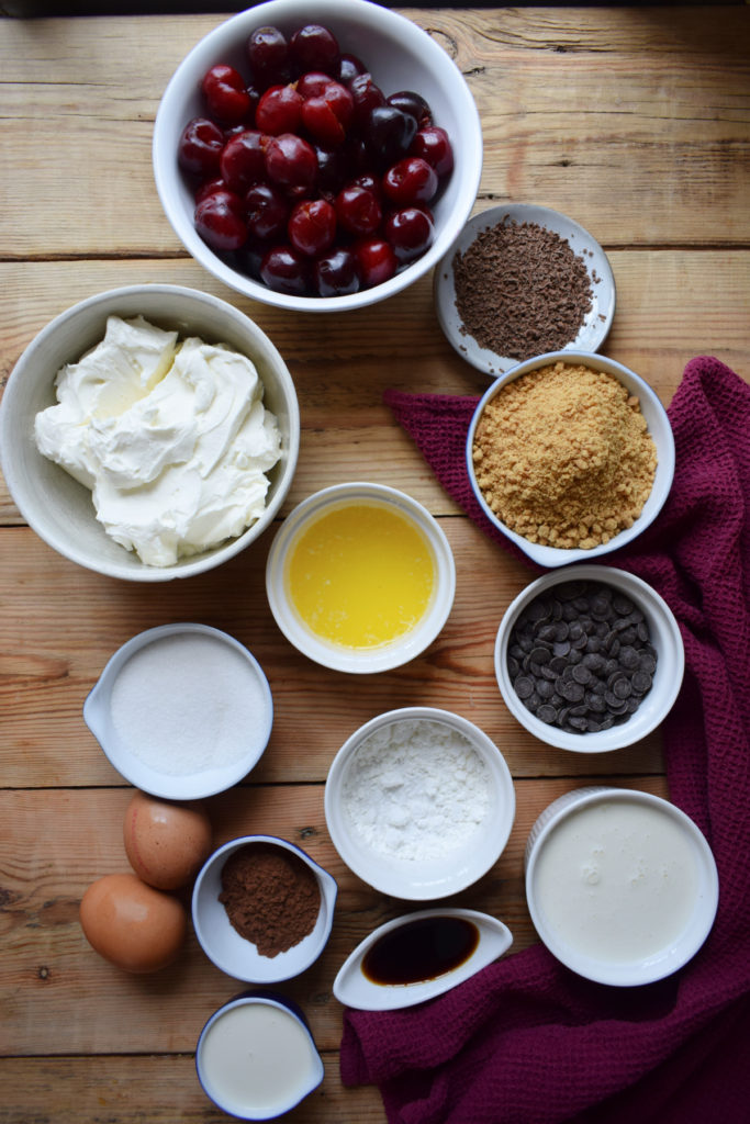 Ingredients to make the mini black forest cheesecakes