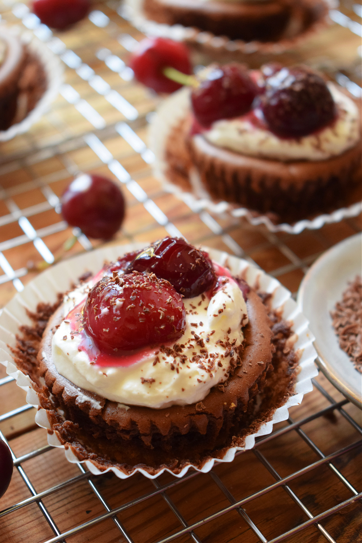 close up of the mini black forest cheesecakes