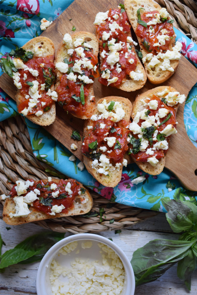 over head view of the roasted tomato and feta bruschetta