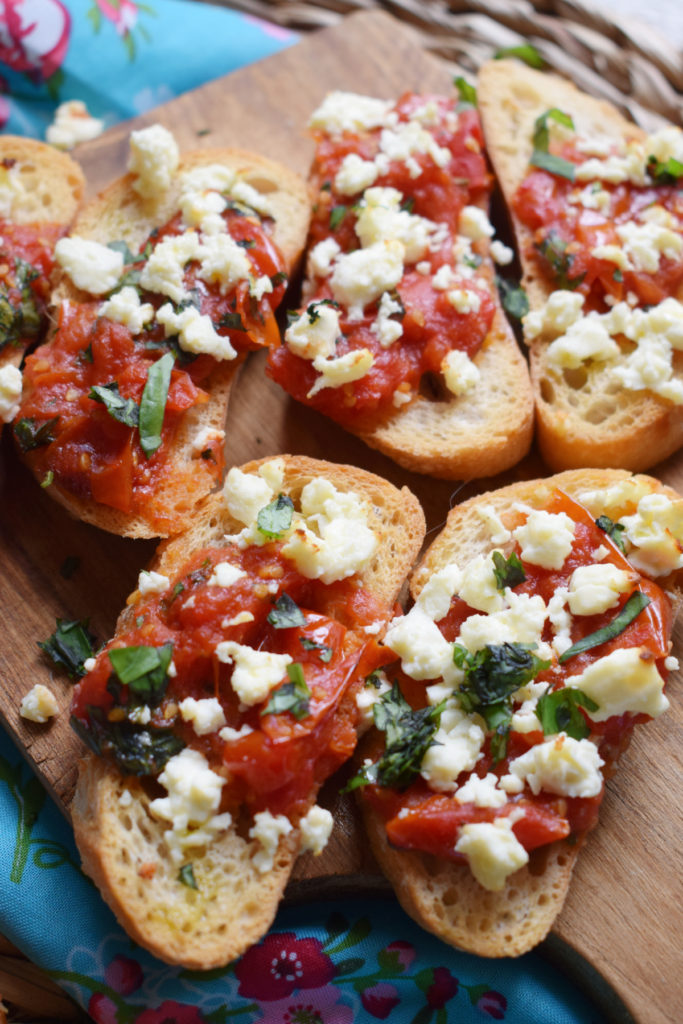 close up of the roasted tomato and feta bruschatta