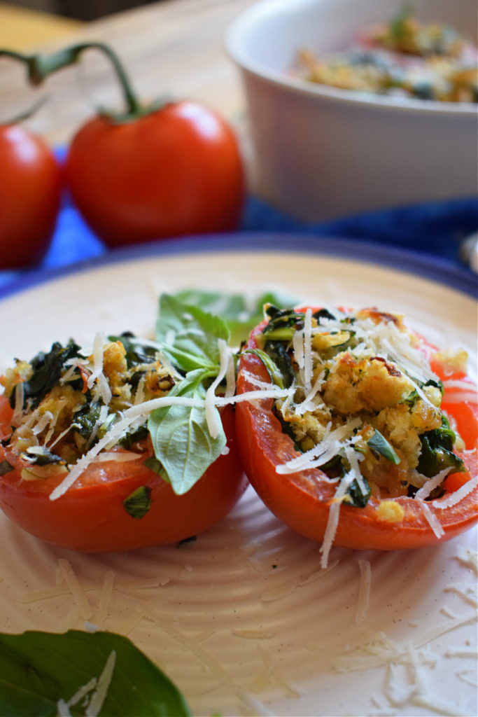 close up of the spinach and herb stuffed tomatoes