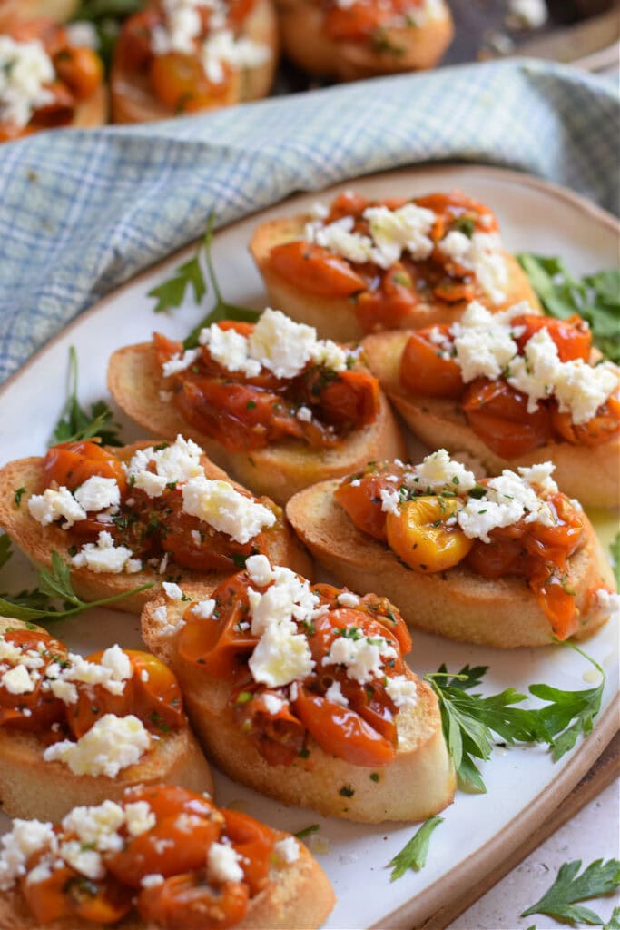 Close up of tomato feta bruschetta.
