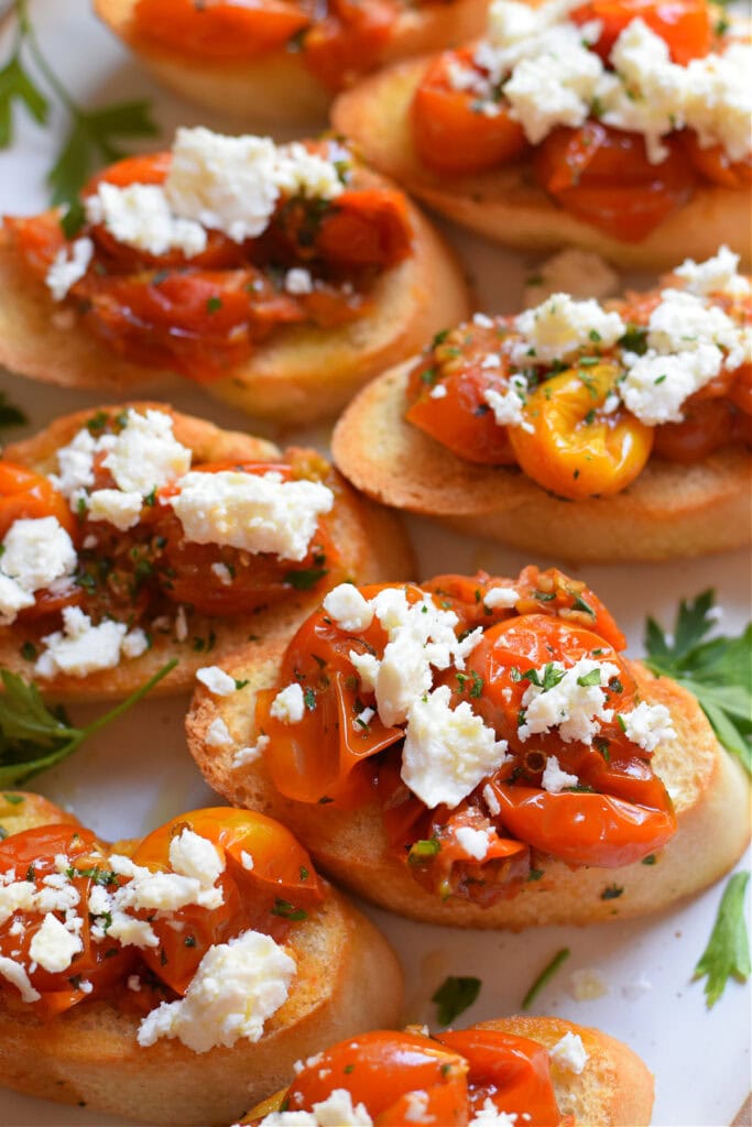 Close up of tomato feta bruschetta