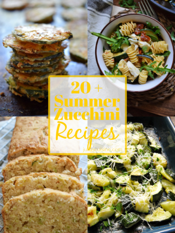 Photo collage of 20 summer zucchini recipes.