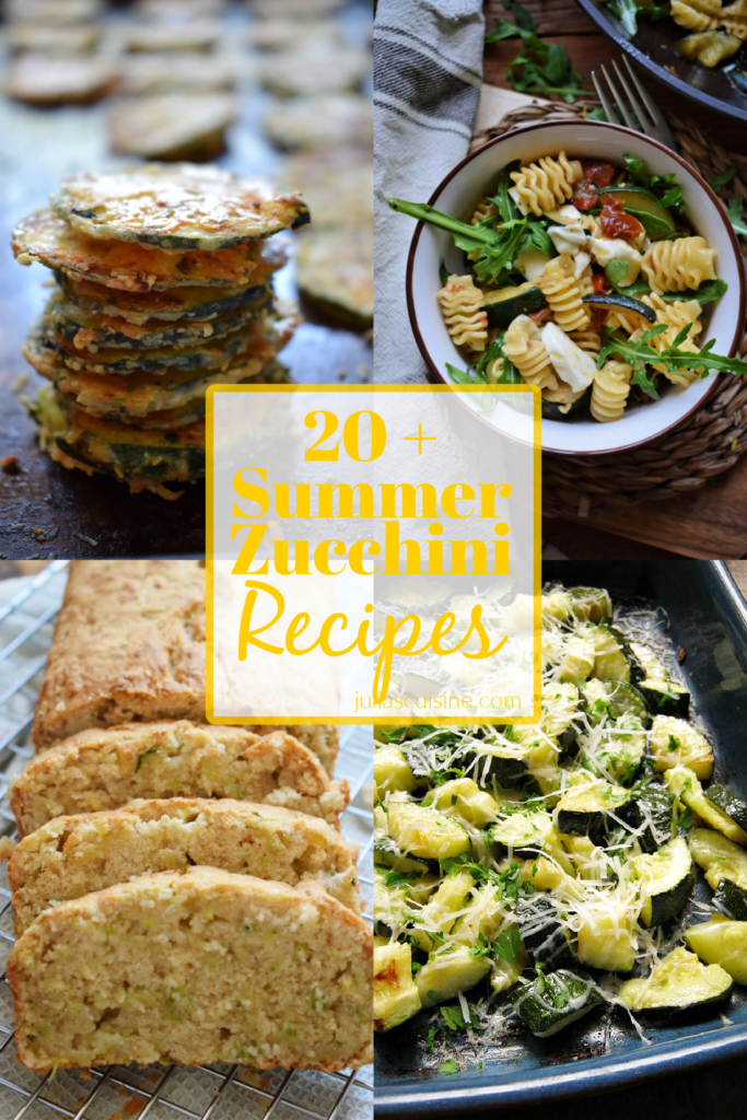 Photo collage of 20 summer zucchini recipes.