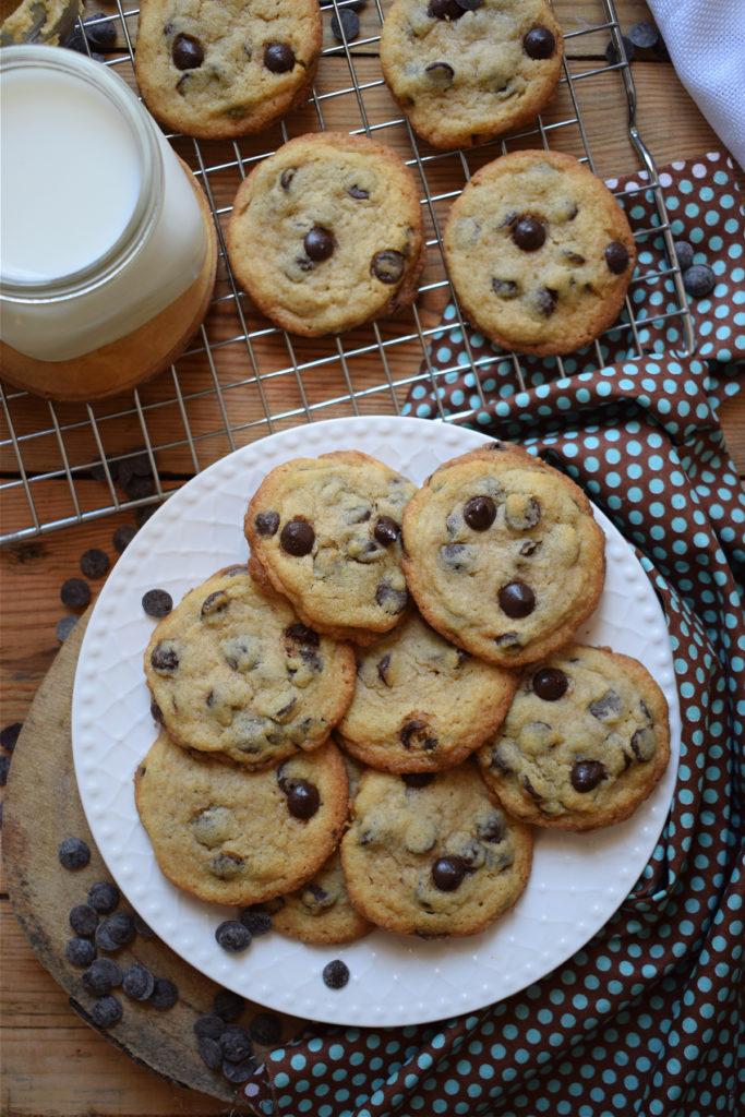 over head view of the chewy chocolate chip cookies