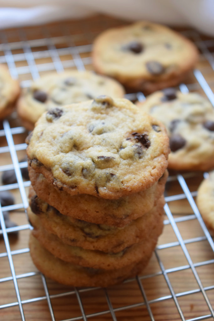 a stack of chocolate chip cookies